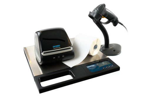 Dymo label printer and scanner on a white background
