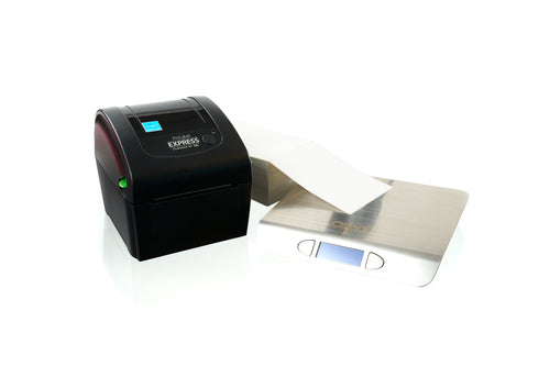Black label printer with a roll of labels on a white background