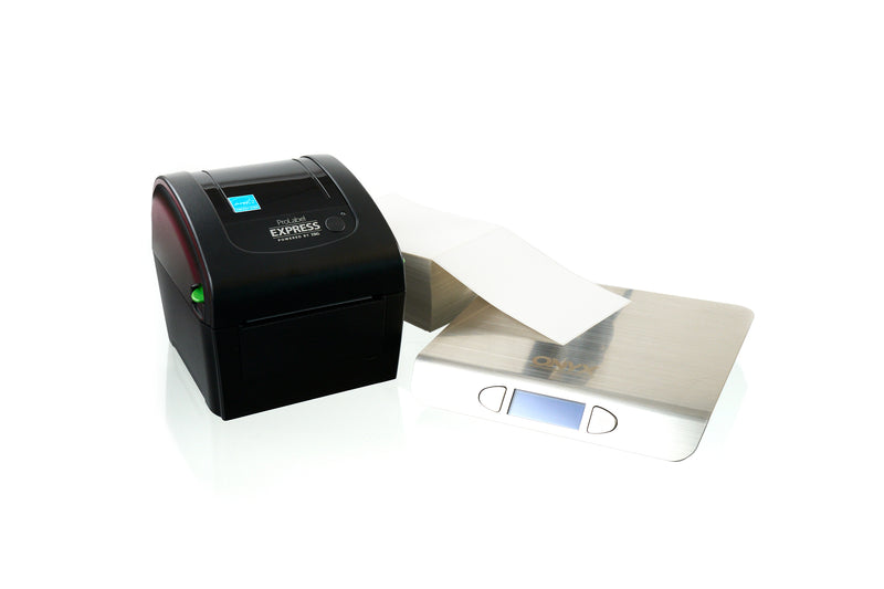 Black label printer with a roll of labels on a white background