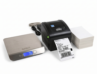 Onyx label printer with digital scale and stack of labels on a white background