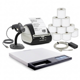 Label printer, scanner, and roll of paper on a white background
